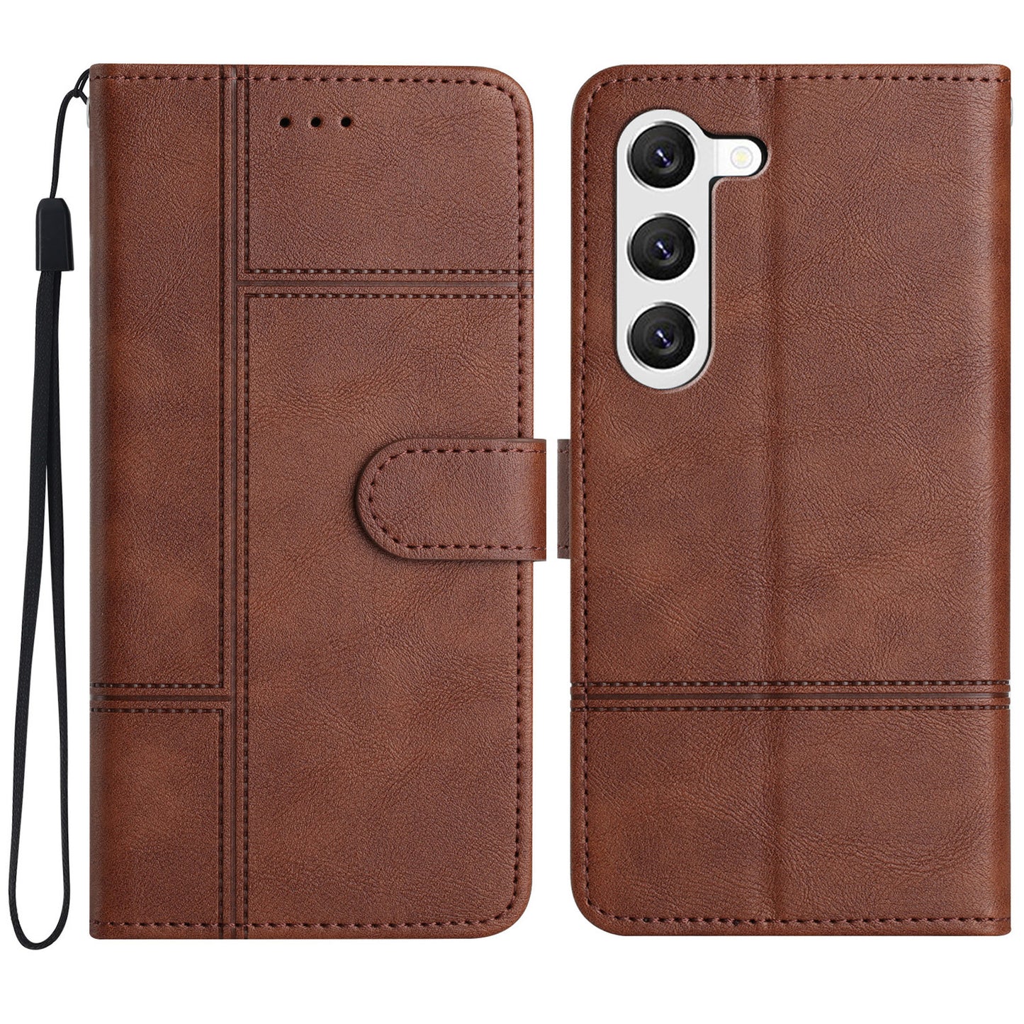 For Samsung Galaxy S24+ Leather Case Line Imprinted Flip Stand Phone Wallet Cover - Coffee