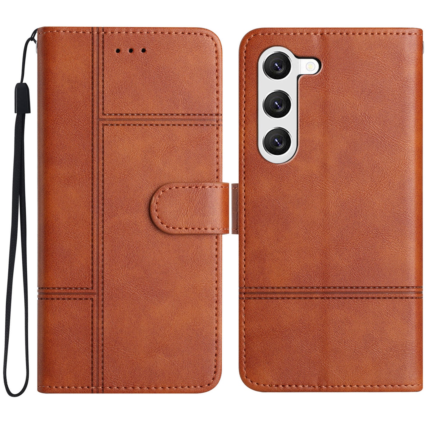 For Samsung Galaxy S24+ Leather Case Line Imprinted Flip Stand Phone Wallet Cover - Brown