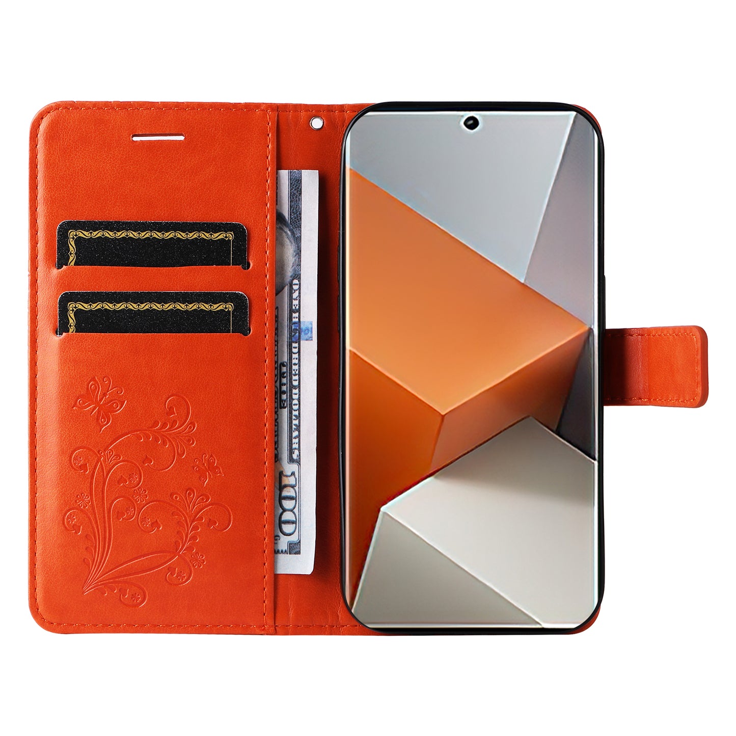KT Imprinting Flower Series-2 For Xiaomi Redmi Note 13 Pro+ Case Butterfly Imprint Wallet Stand PU Leather Smart Phone Cover  - Orange