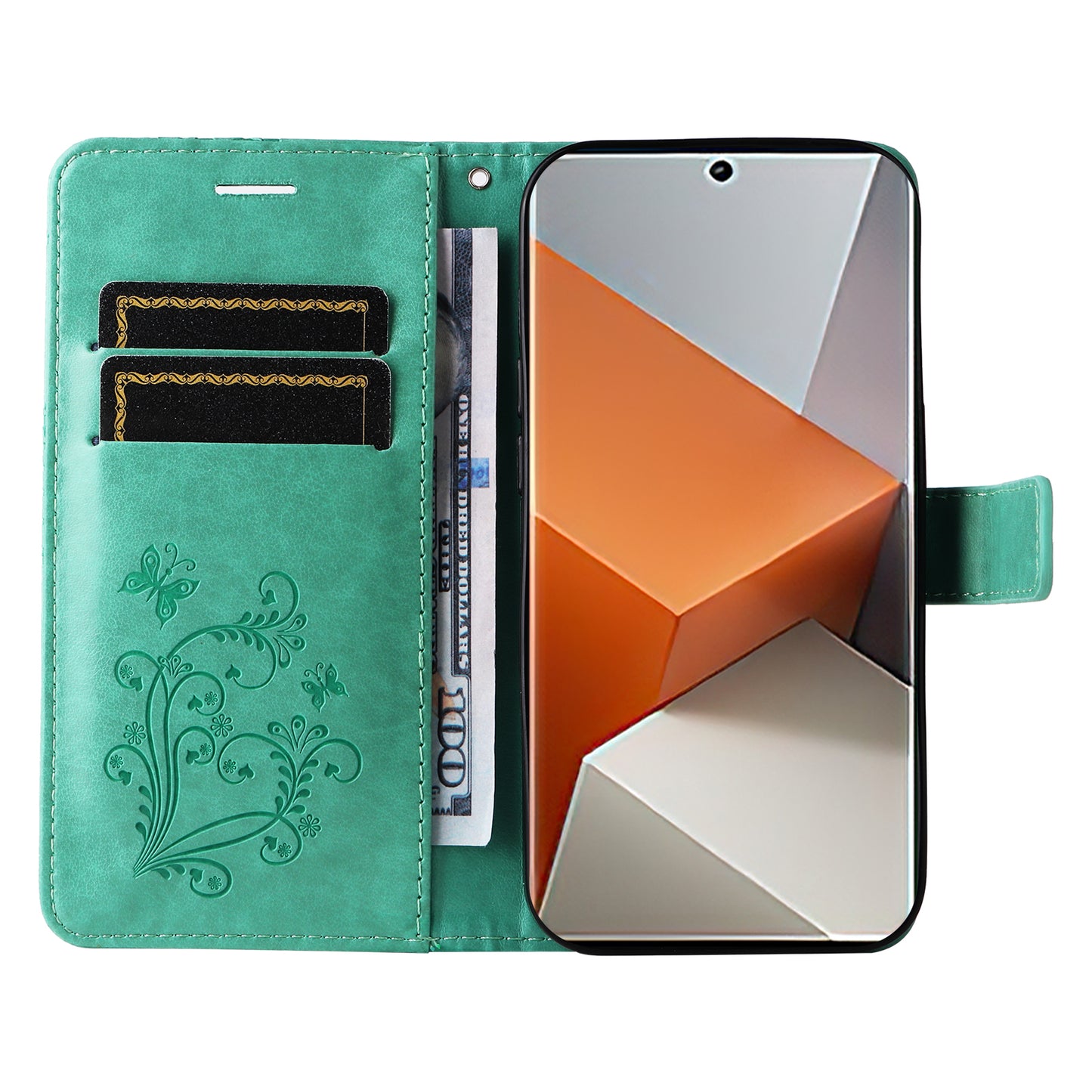 KT Imprinting Flower Series-2 For Xiaomi Redmi Note 13 Pro+ Case Butterfly Imprint Wallet Stand PU Leather Smart Phone Cover  - Green