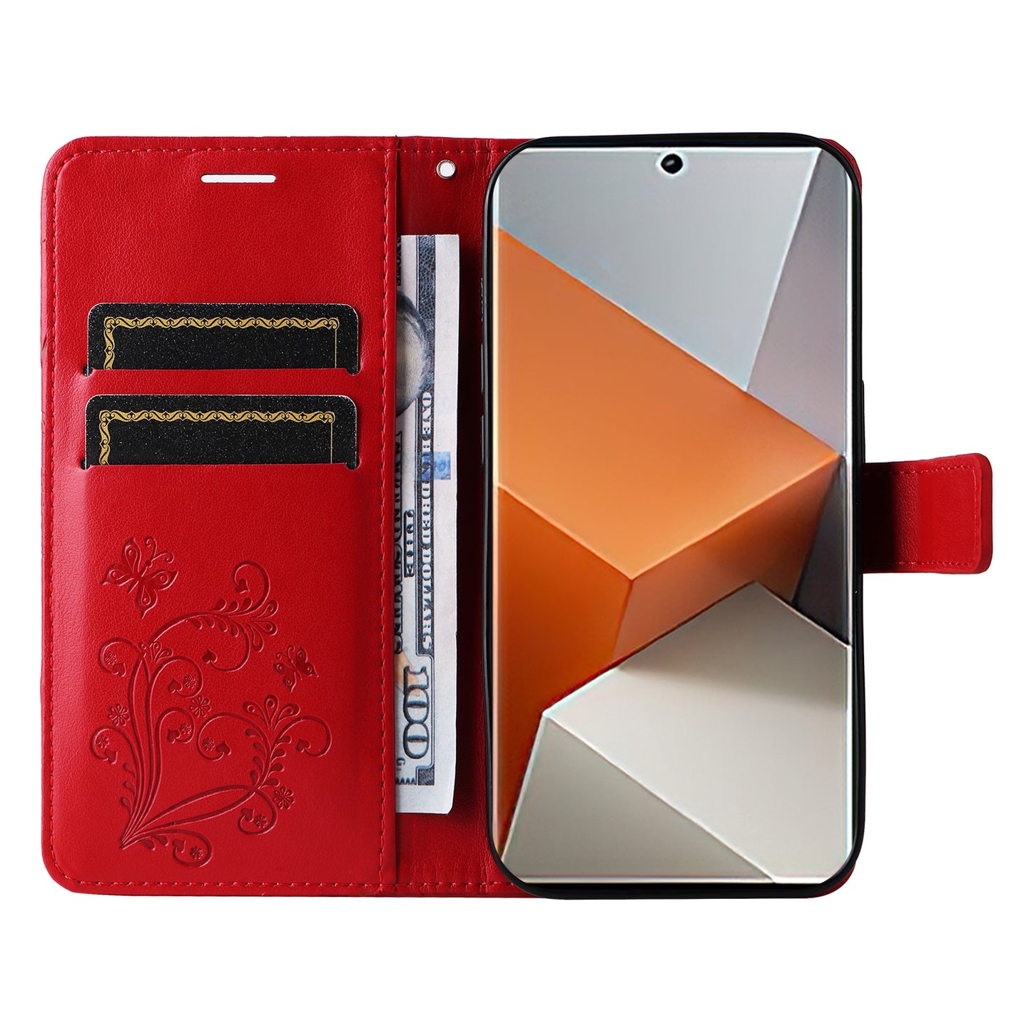 KT Imprinting Flower Series-2 For Xiaomi Redmi Note 13 Pro+ Case Butterfly Imprint Wallet Stand PU Leather Smart Phone Cover  - Red