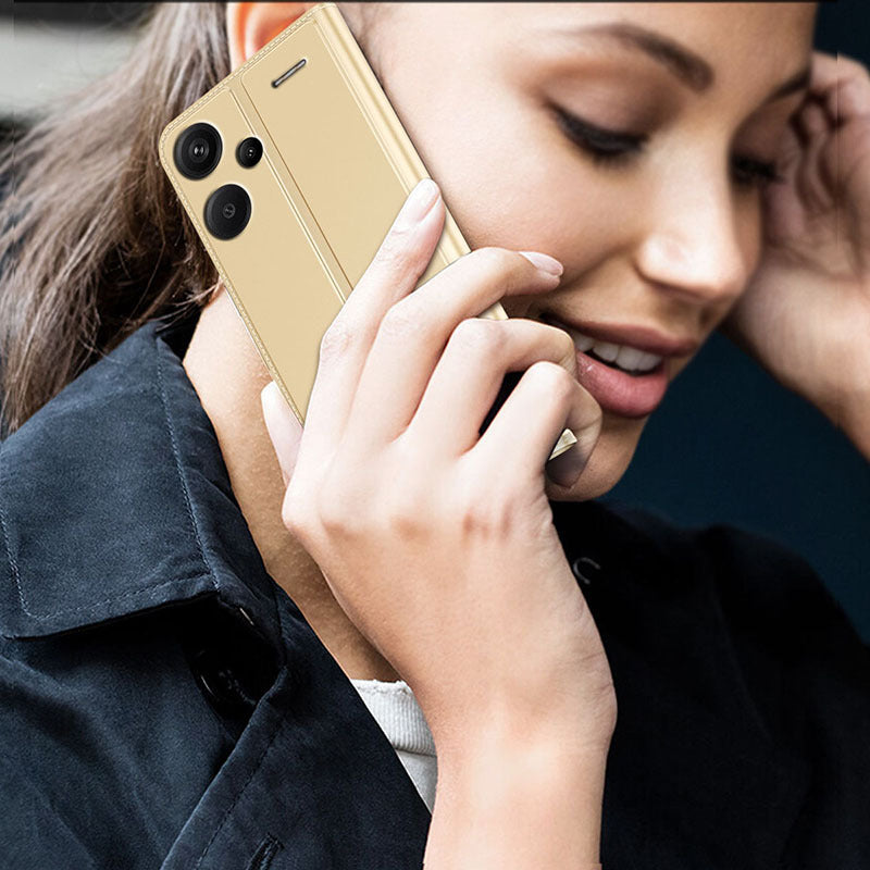 For Xiaomi Redmi Note 13 Pro+ 5G Case Stand PU Leather Mobile Phone Cover with Card Slot - Gold