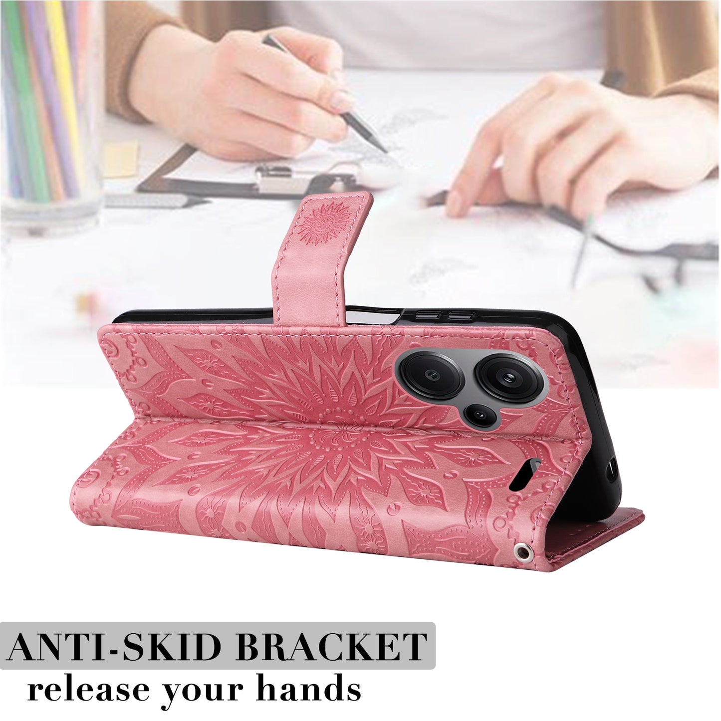 KT Imprinting Flower Series-1 For Xiaomi Redmi Note 13 Pro+ 5G Case Slim-Fit Wallet Stand Leather Phone Cover - Pink