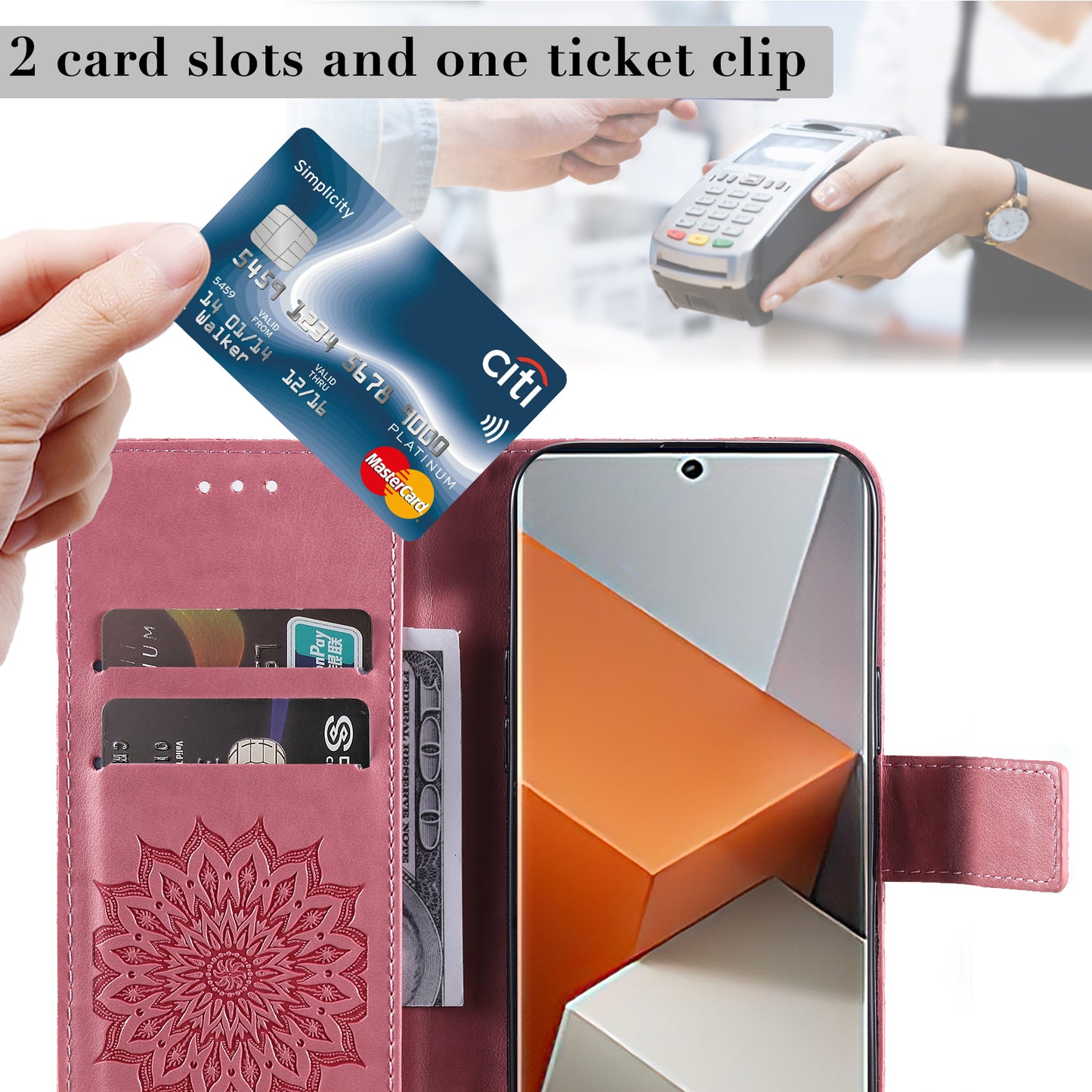 KT Imprinting Flower Series-1 For Xiaomi Redmi Note 13 Pro+ 5G Case Slim-Fit Wallet Stand Leather Phone Cover - Pink