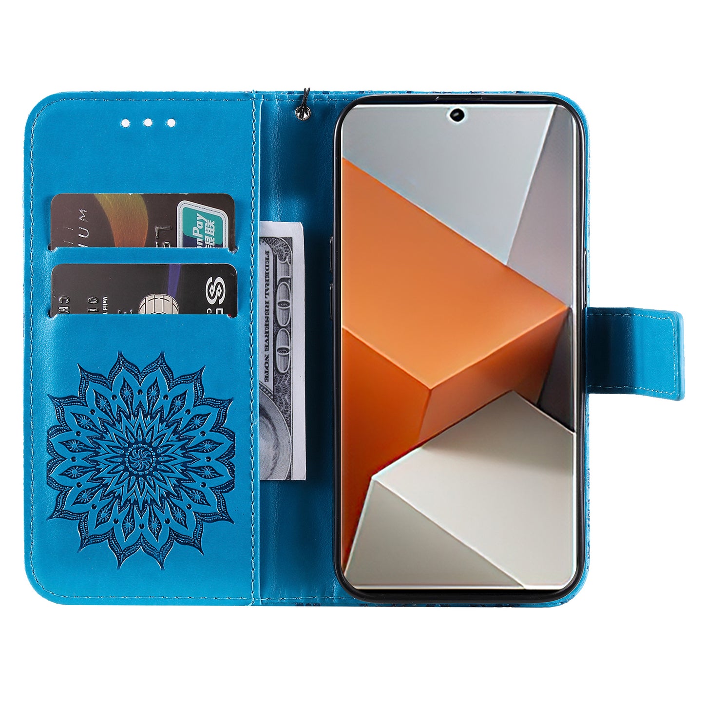 KT Imprinting Flower Series-1 For Xiaomi Redmi Note 13 Pro+ 5G Case Slim-Fit Wallet Stand Leather Phone Cover - Blue