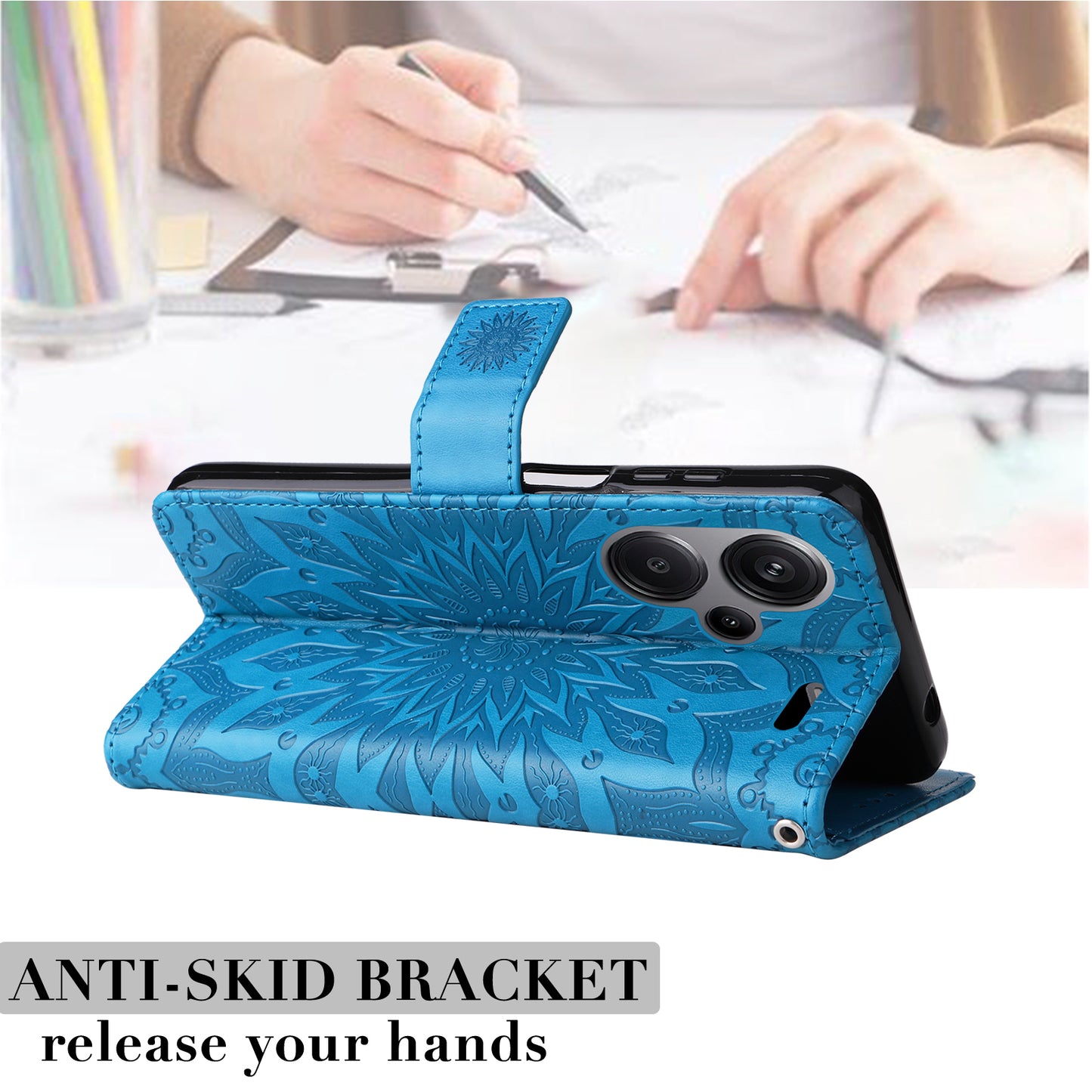 KT Imprinting Flower Series-1 For Xiaomi Redmi Note 13 Pro+ 5G Case Slim-Fit Wallet Stand Leather Phone Cover - Blue