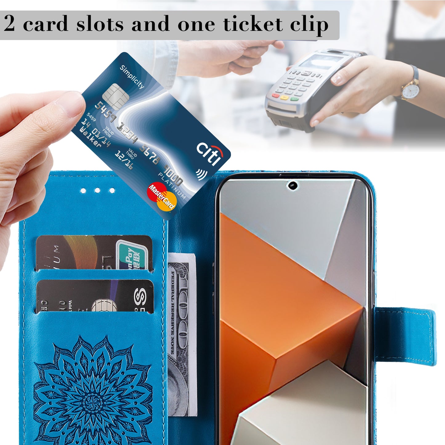 KT Imprinting Flower Series-1 For Xiaomi Redmi Note 13 Pro+ 5G Case Slim-Fit Wallet Stand Leather Phone Cover - Blue