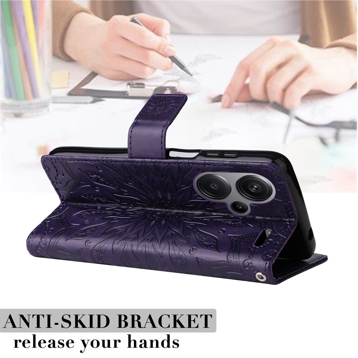KT Imprinting Flower Series-1 For Xiaomi Redmi Note 13 Pro+ 5G Case Slim-Fit Wallet Stand Leather Phone Cover - Purple