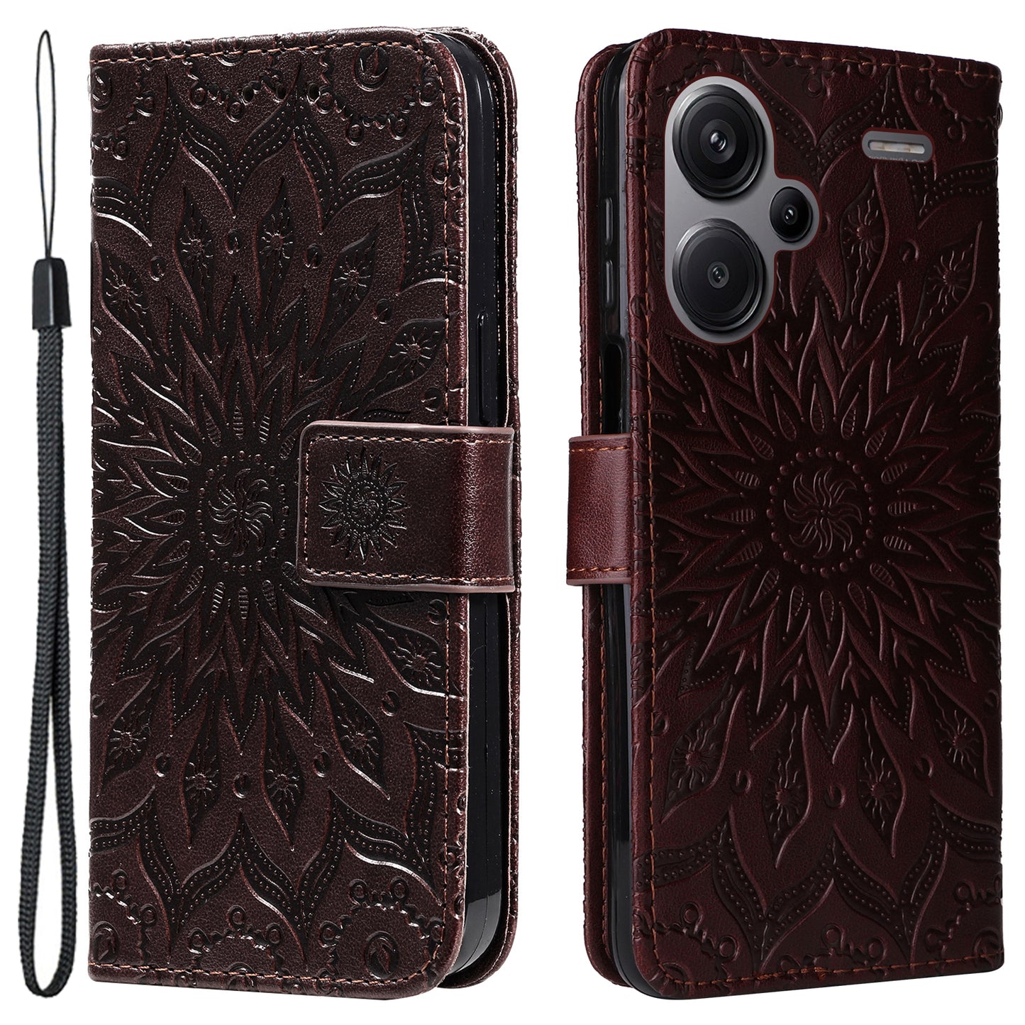 KT Imprinting Flower Series-1 For Xiaomi Redmi Note 13 Pro+ 5G Case Slim-Fit Wallet Stand Leather Phone Cover - Brown