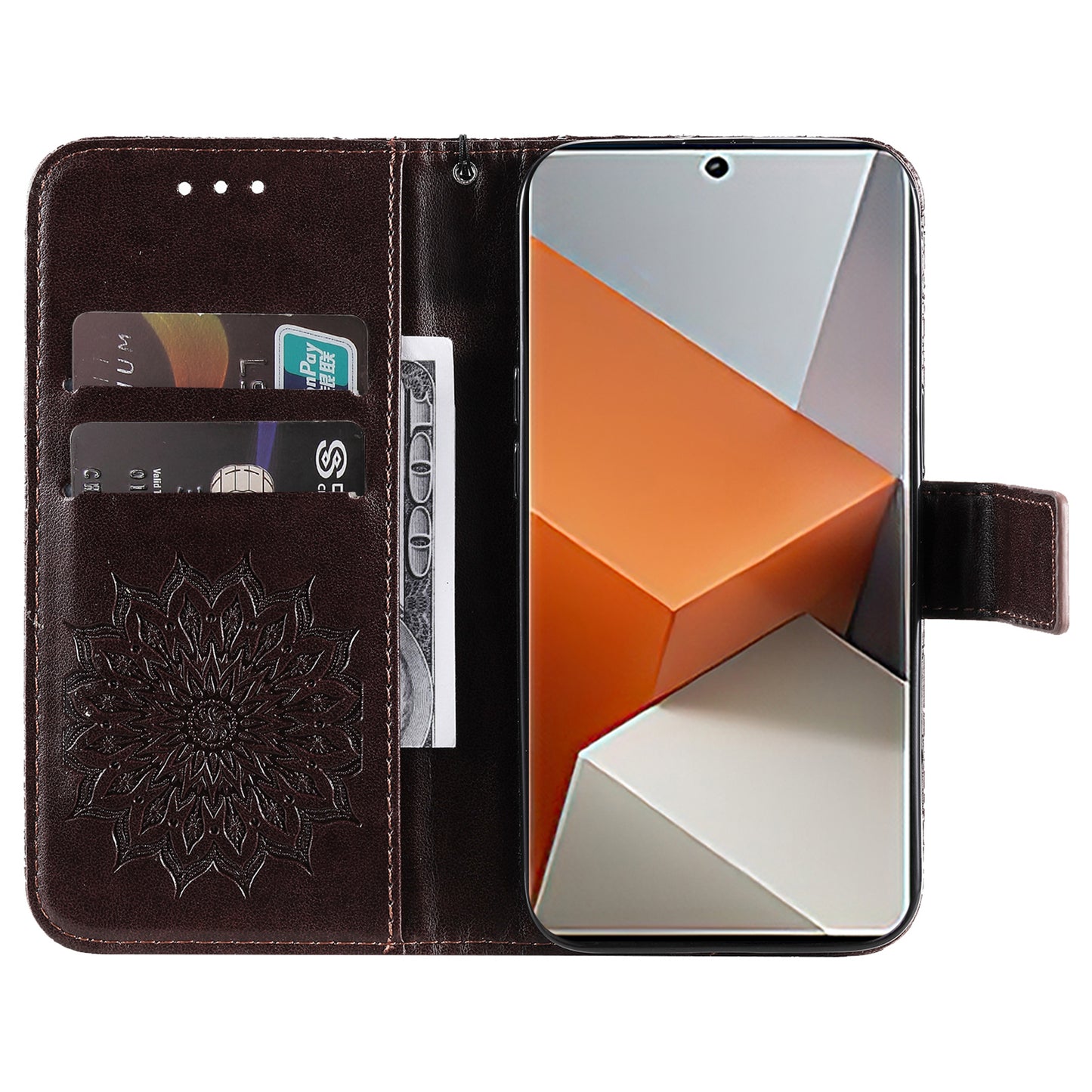KT Imprinting Flower Series-1 For Xiaomi Redmi Note 13 Pro+ 5G Case Slim-Fit Wallet Stand Leather Phone Cover - Brown