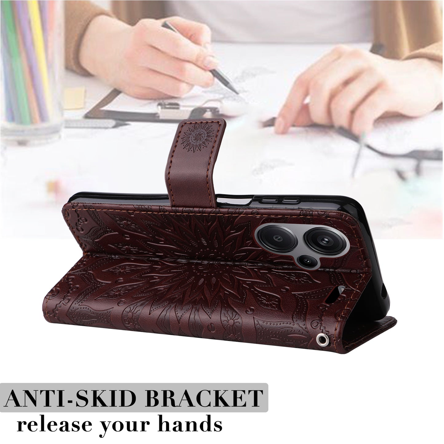 KT Imprinting Flower Series-1 For Xiaomi Redmi Note 13 Pro+ 5G Case Slim-Fit Wallet Stand Leather Phone Cover - Brown