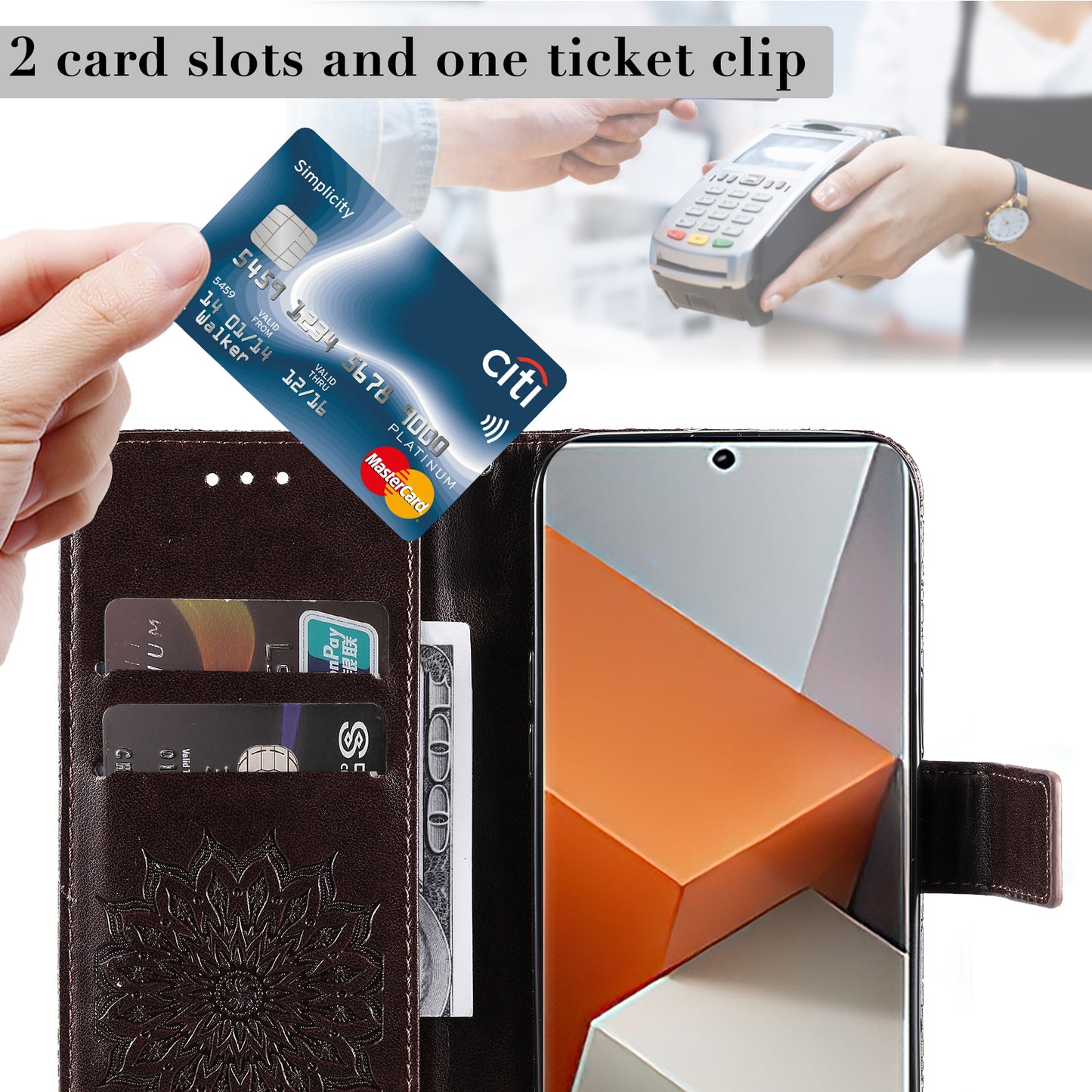 KT Imprinting Flower Series-1 For Xiaomi Redmi Note 13 Pro+ 5G Case Slim-Fit Wallet Stand Leather Phone Cover - Brown