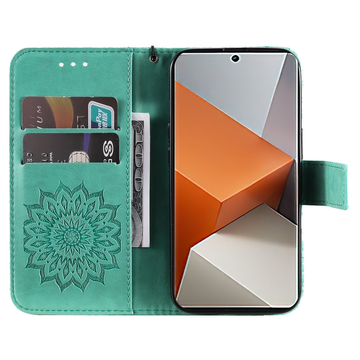 KT Imprinting Flower Series-1 For Xiaomi Redmi Note 13 Pro+ 5G Case Slim-Fit Wallet Stand Leather Phone Cover - Green