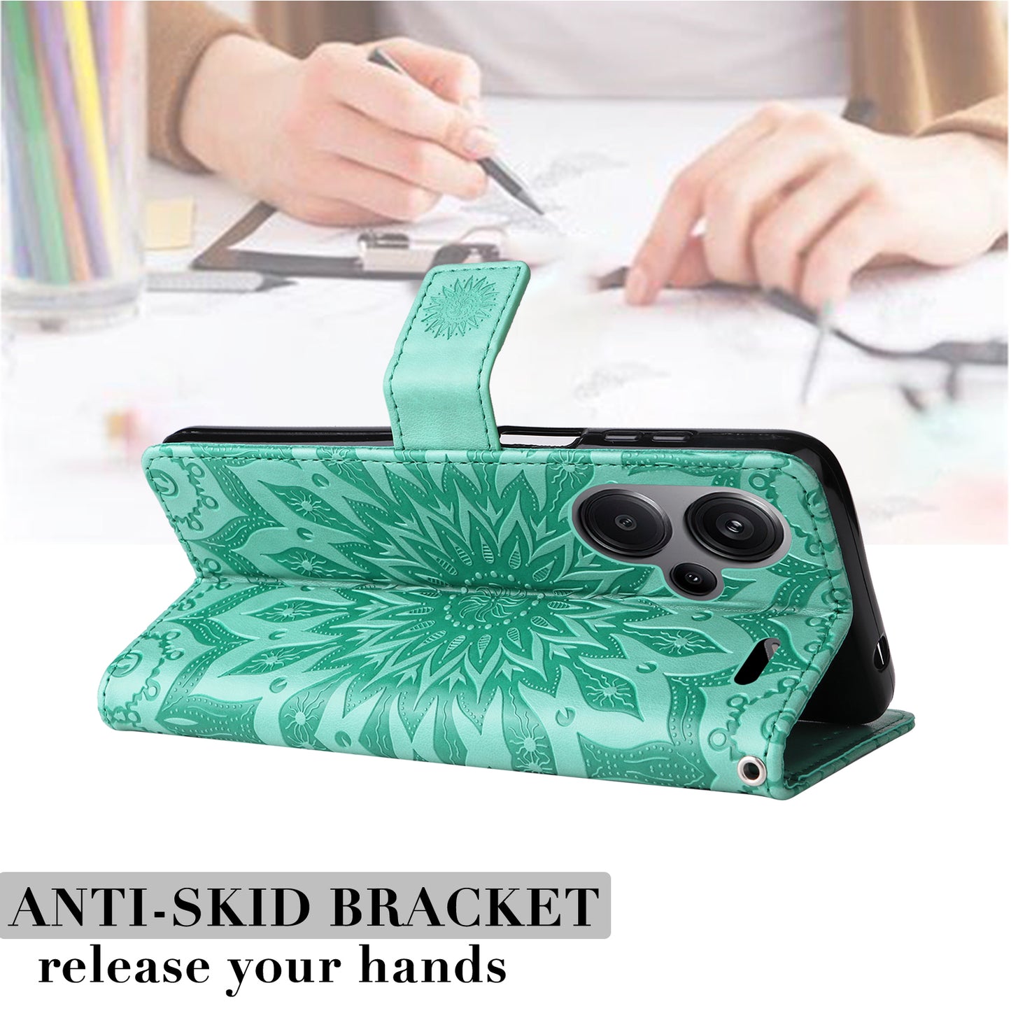 KT Imprinting Flower Series-1 For Xiaomi Redmi Note 13 Pro+ 5G Case Slim-Fit Wallet Stand Leather Phone Cover - Green