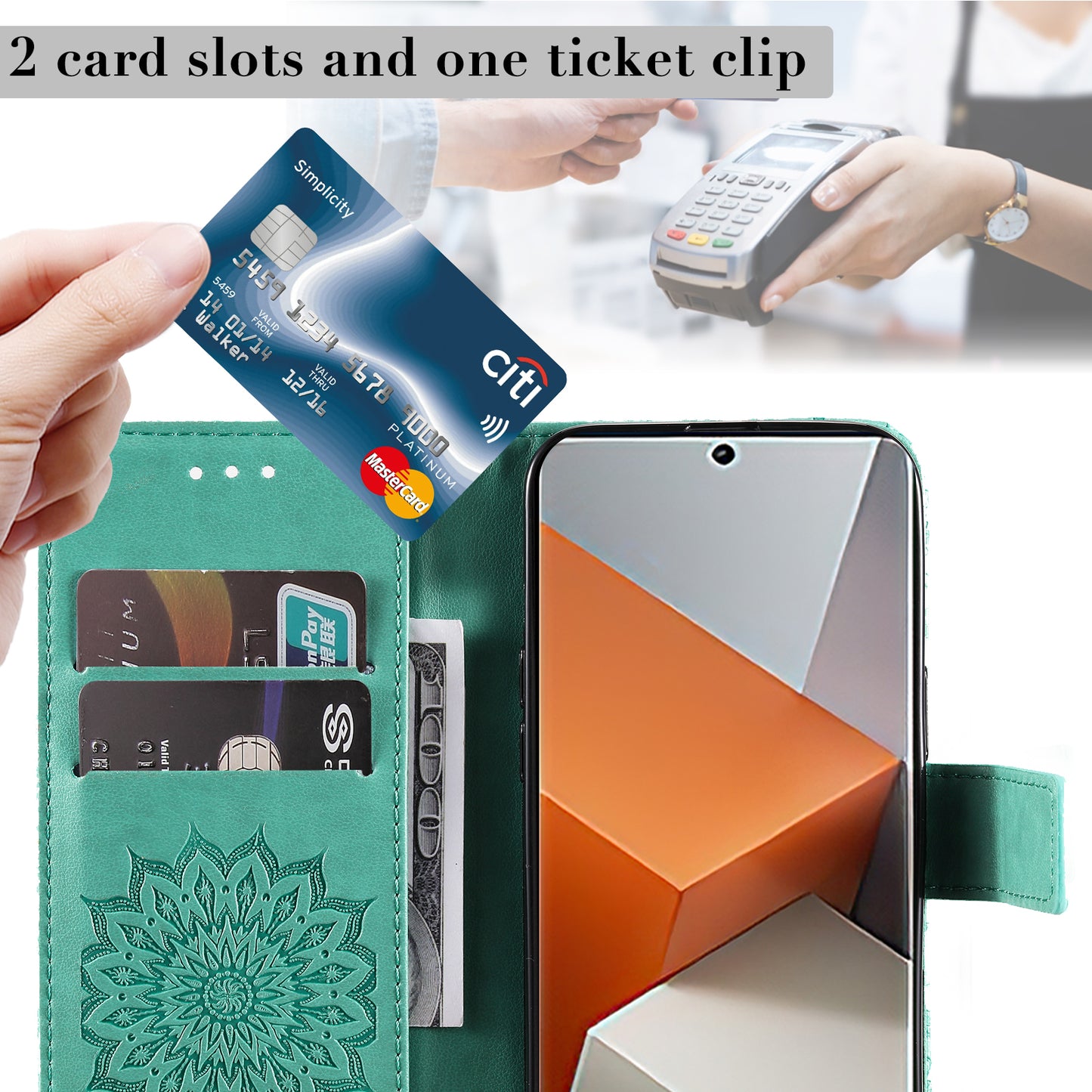 KT Imprinting Flower Series-1 For Xiaomi Redmi Note 13 Pro+ 5G Case Slim-Fit Wallet Stand Leather Phone Cover - Green