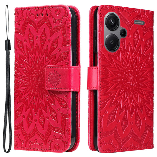 KT Imprinting Flower Series-1 For Xiaomi Redmi Note 13 Pro+ 5G Case Slim-Fit Wallet Stand Leather Phone Cover - Red