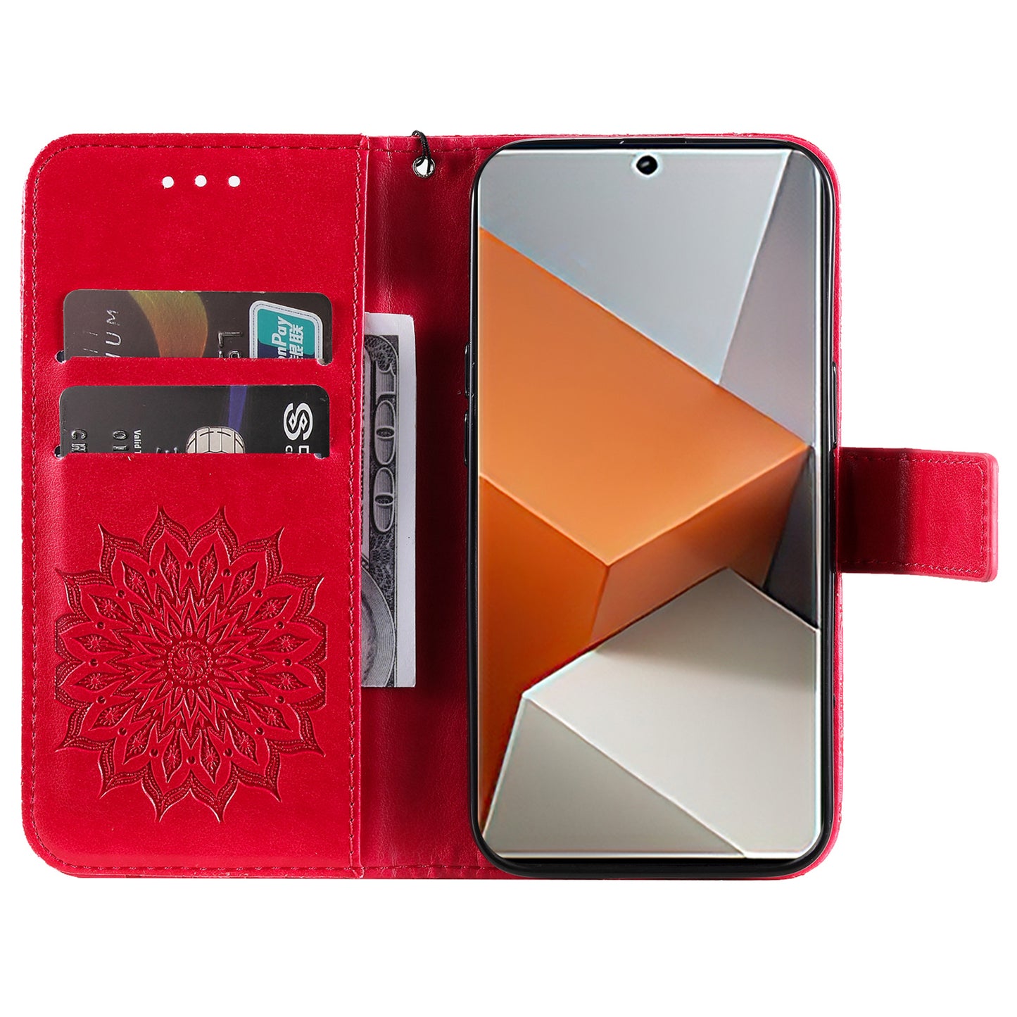 KT Imprinting Flower Series-1 For Xiaomi Redmi Note 13 Pro+ 5G Case Slim-Fit Wallet Stand Leather Phone Cover - Red