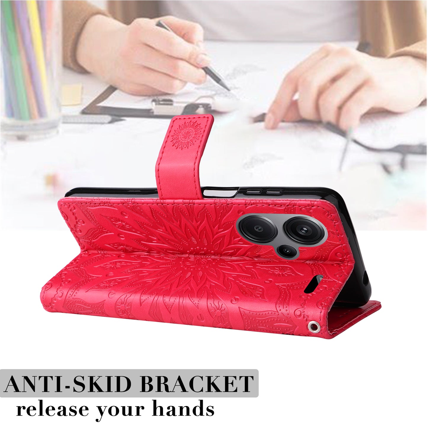 KT Imprinting Flower Series-1 For Xiaomi Redmi Note 13 Pro+ 5G Case Slim-Fit Wallet Stand Leather Phone Cover - Red