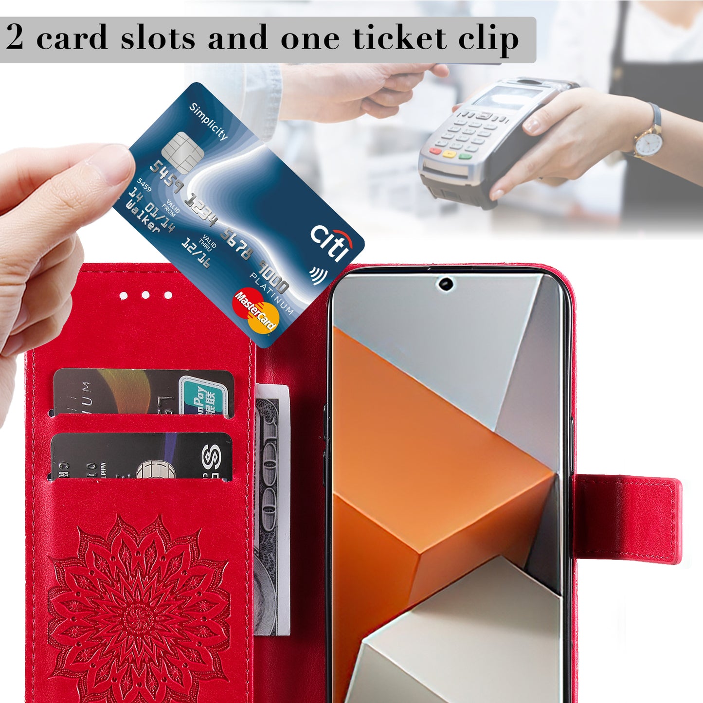 KT Imprinting Flower Series-1 For Xiaomi Redmi Note 13 Pro+ 5G Case Slim-Fit Wallet Stand Leather Phone Cover - Red