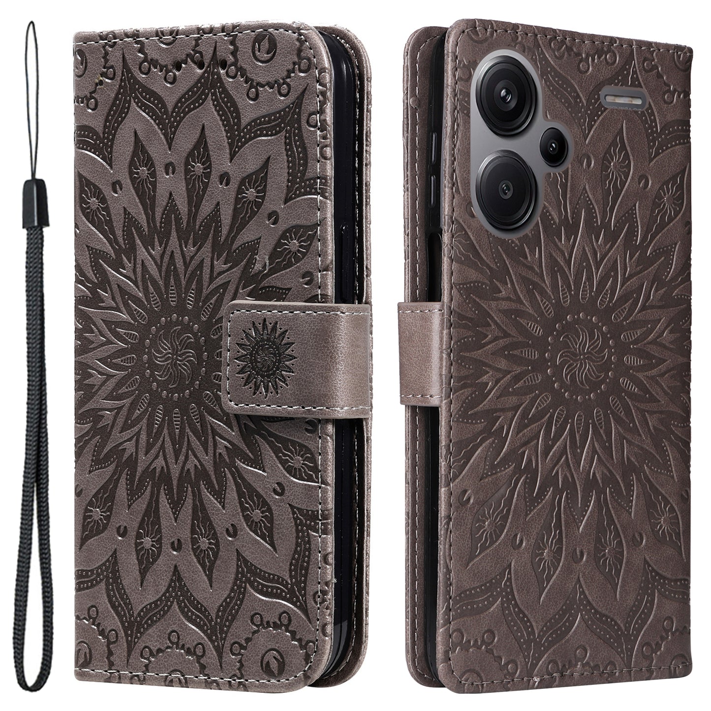 KT Imprinting Flower Series-1 For Xiaomi Redmi Note 13 Pro+ 5G Case Slim-Fit Wallet Stand Leather Phone Cover - Grey