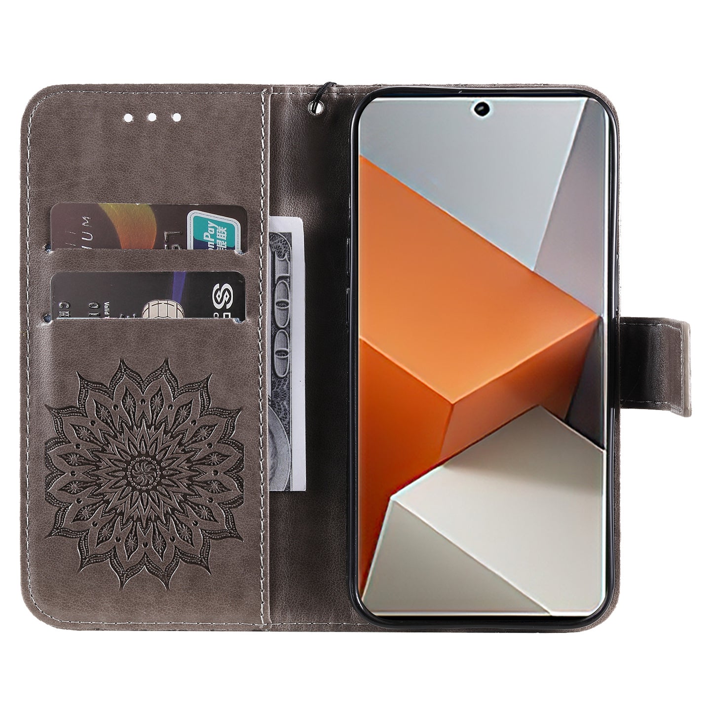 KT Imprinting Flower Series-1 For Xiaomi Redmi Note 13 Pro+ 5G Case Slim-Fit Wallet Stand Leather Phone Cover - Grey