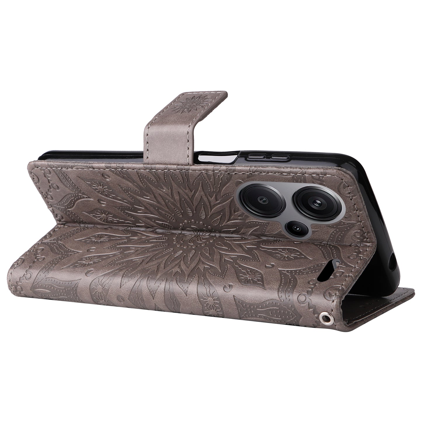 KT Imprinting Flower Series-1 For Xiaomi Redmi Note 13 Pro+ 5G Case Slim-Fit Wallet Stand Leather Phone Cover - Grey