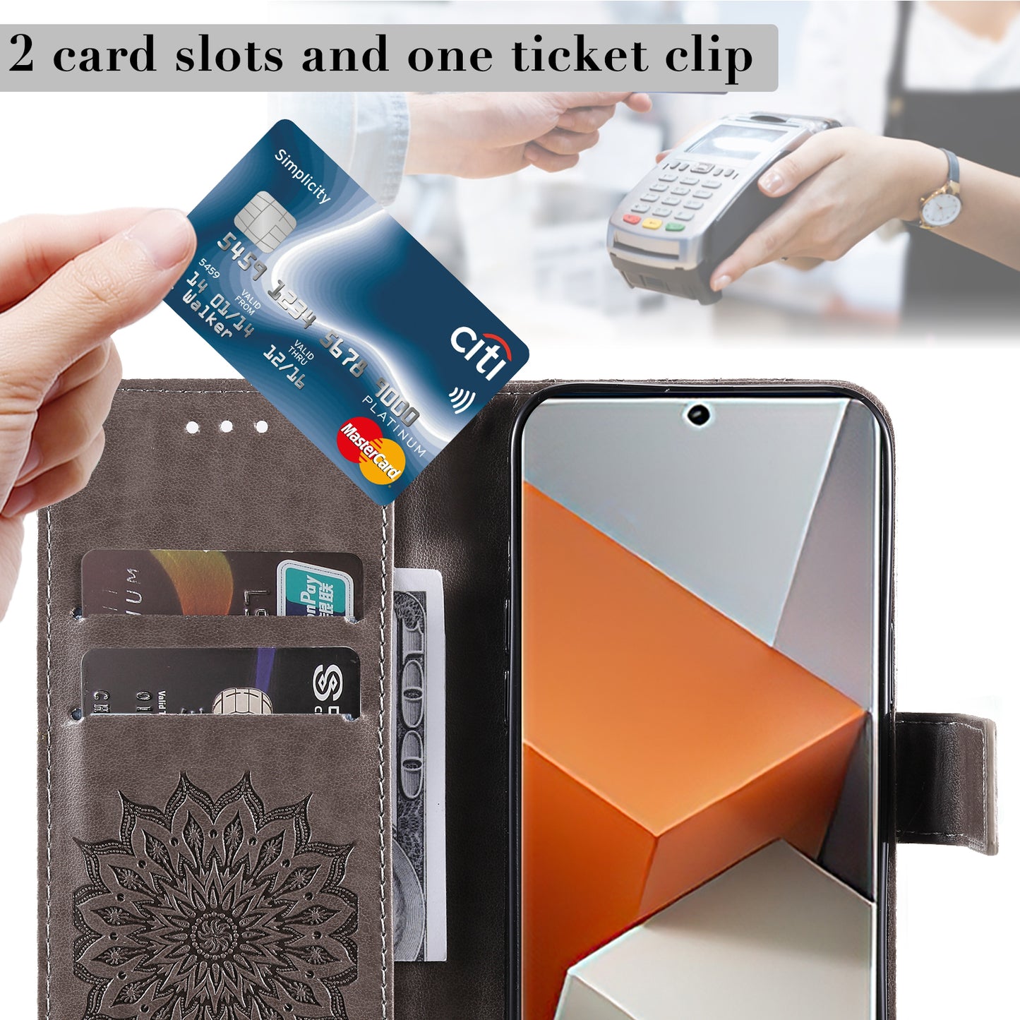 KT Imprinting Flower Series-1 For Xiaomi Redmi Note 13 Pro+ 5G Case Slim-Fit Wallet Stand Leather Phone Cover - Grey