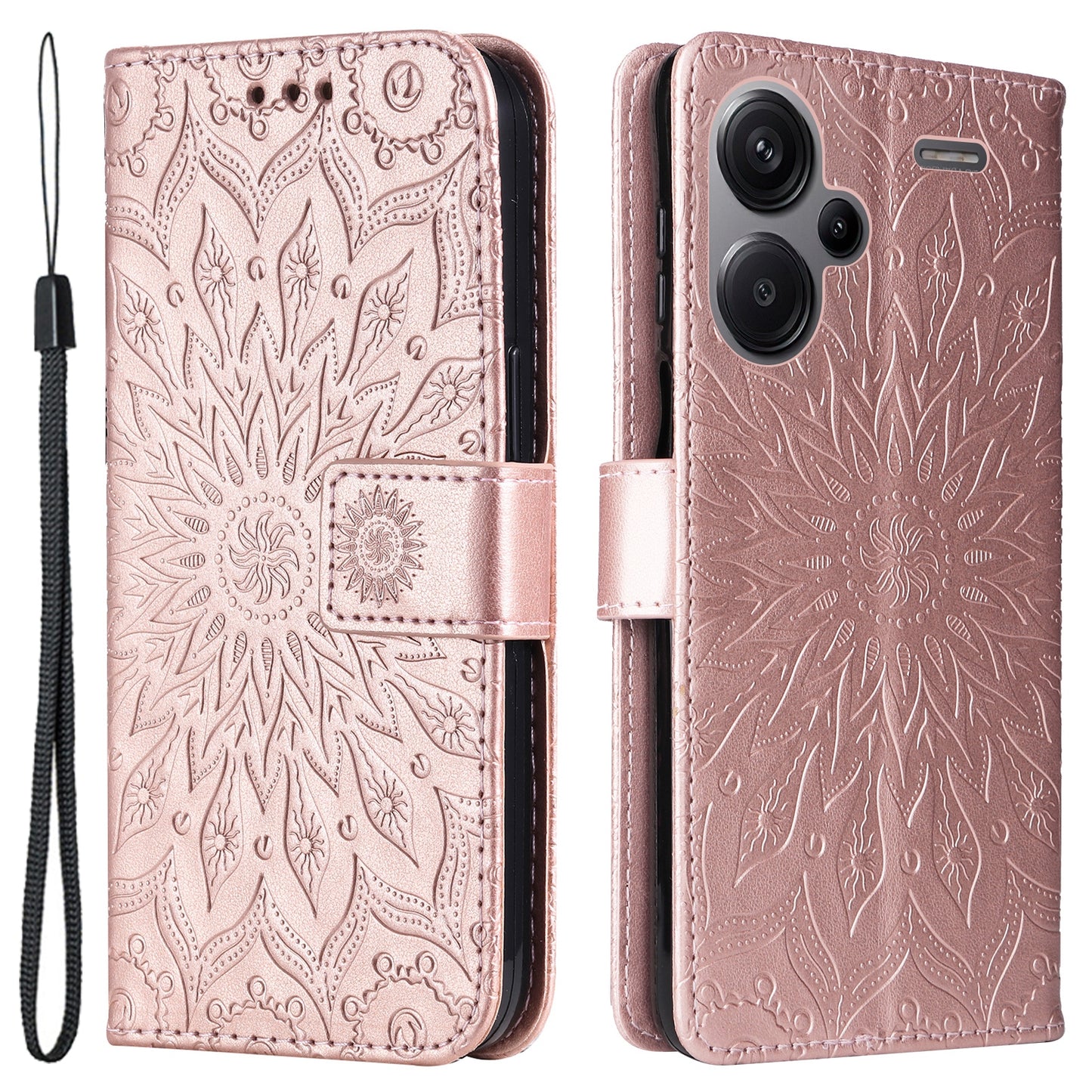 KT Imprinting Flower Series-1 For Xiaomi Redmi Note 13 Pro+ 5G Case Slim-Fit Wallet Stand Leather Phone Cover - Rose Gold