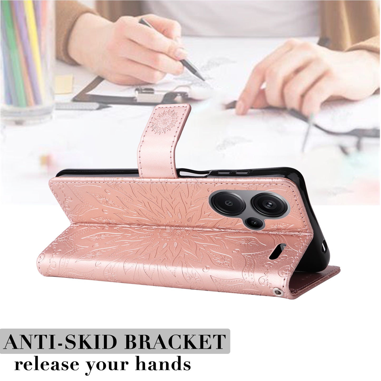 KT Imprinting Flower Series-1 For Xiaomi Redmi Note 13 Pro+ 5G Case Slim-Fit Wallet Stand Leather Phone Cover - Rose Gold
