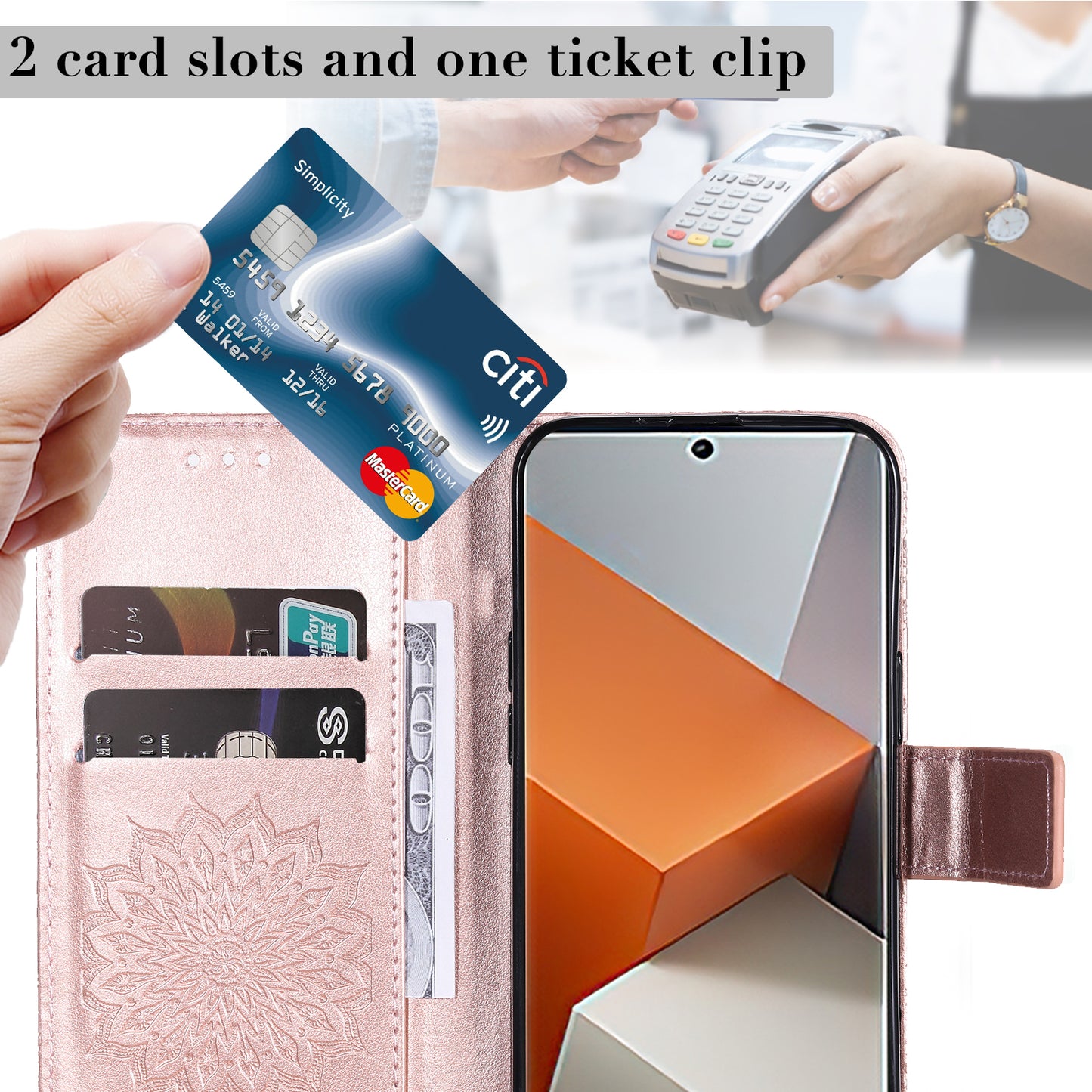 KT Imprinting Flower Series-1 For Xiaomi Redmi Note 13 Pro+ 5G Case Slim-Fit Wallet Stand Leather Phone Cover - Rose Gold