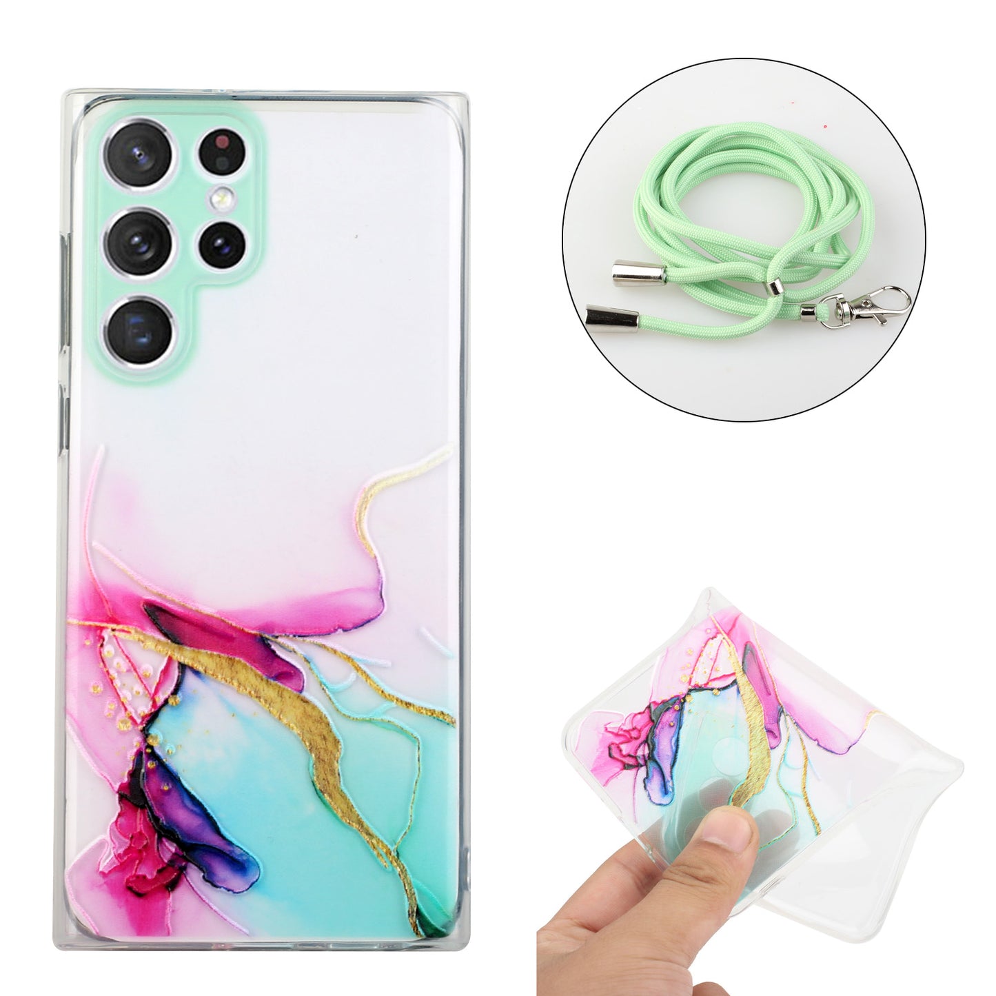 For Samsung Galaxy S24 Ultra TPU Case Marble Pattern Embossing Phone Cover with Lanyard - Green
