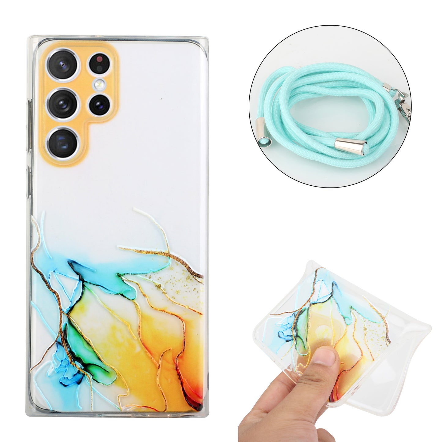 For Samsung Galaxy S24 Ultra TPU Case Marble Pattern Embossing Phone Cover with Lanyard - Yellow