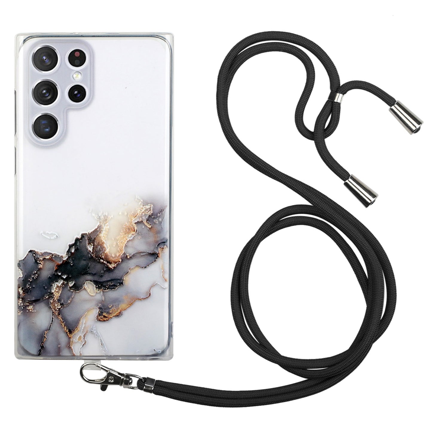 For Samsung Galaxy S24 Ultra TPU Case Marble Pattern Embossing Phone Cover with Lanyard - Black