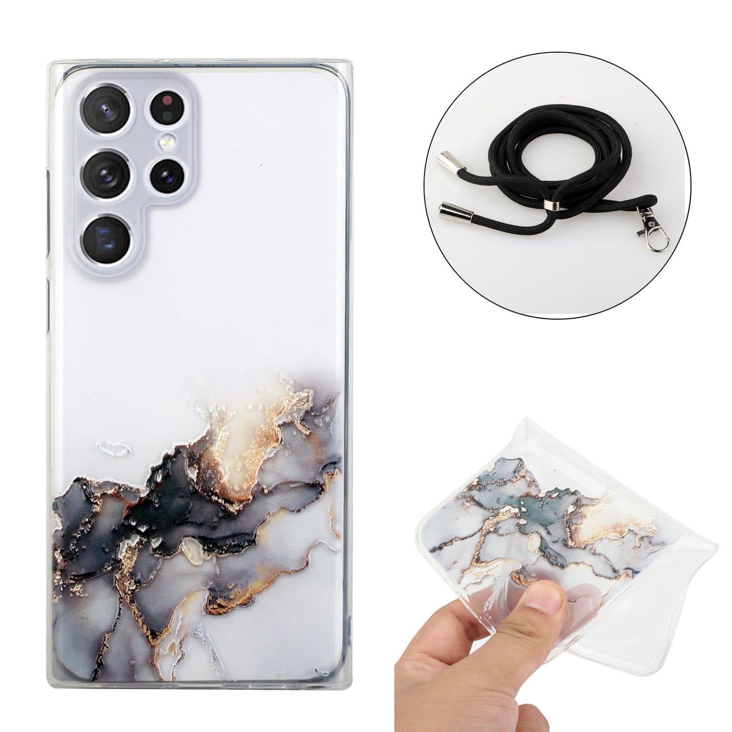 For Samsung Galaxy S24 Ultra TPU Case Marble Pattern Embossing Phone Cover with Lanyard - Black