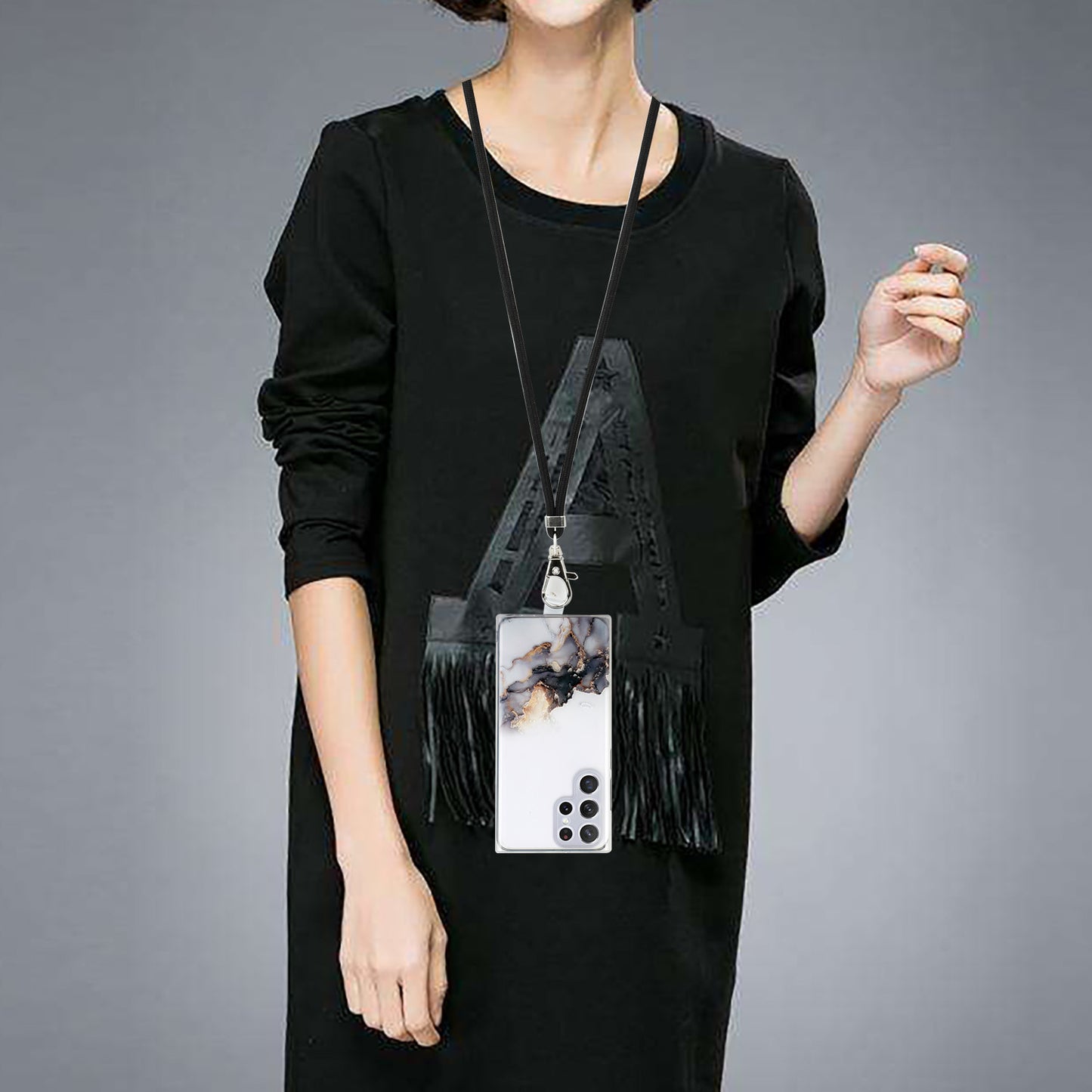 For Samsung Galaxy S24 Ultra TPU Case Marble Pattern Embossing Phone Cover with Lanyard - Black