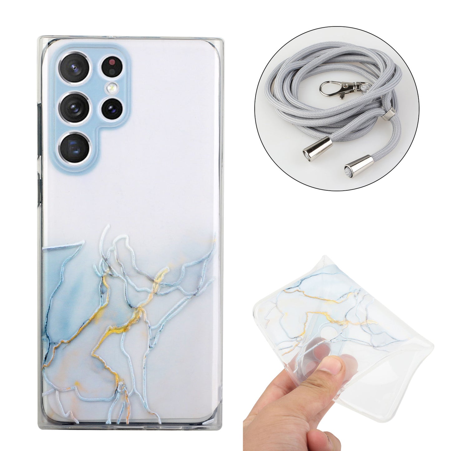 For Samsung Galaxy S24 Ultra TPU Case Marble Pattern Embossing Phone Cover with Lanyard - Grey
