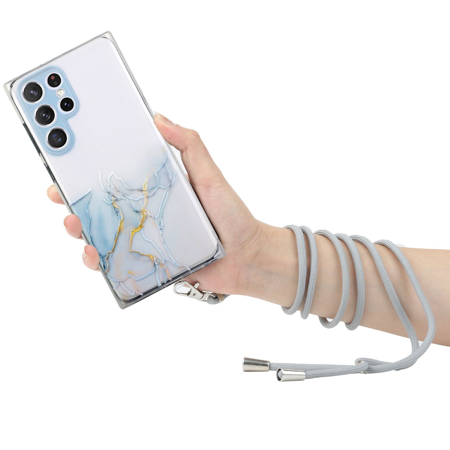 For Samsung Galaxy S24 Ultra TPU Case Marble Pattern Embossing Phone Cover with Lanyard - Grey