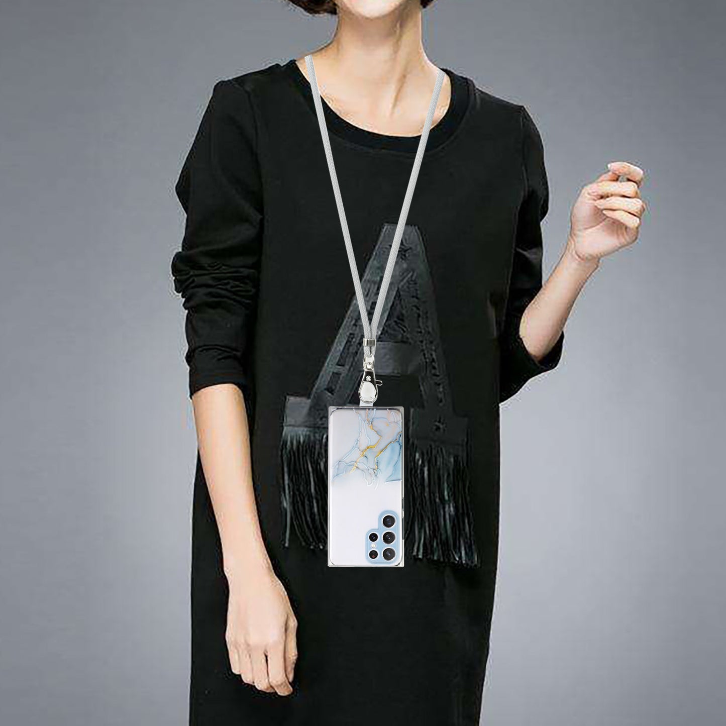 For Samsung Galaxy S24 Ultra TPU Case Marble Pattern Embossing Phone Cover with Lanyard - Grey