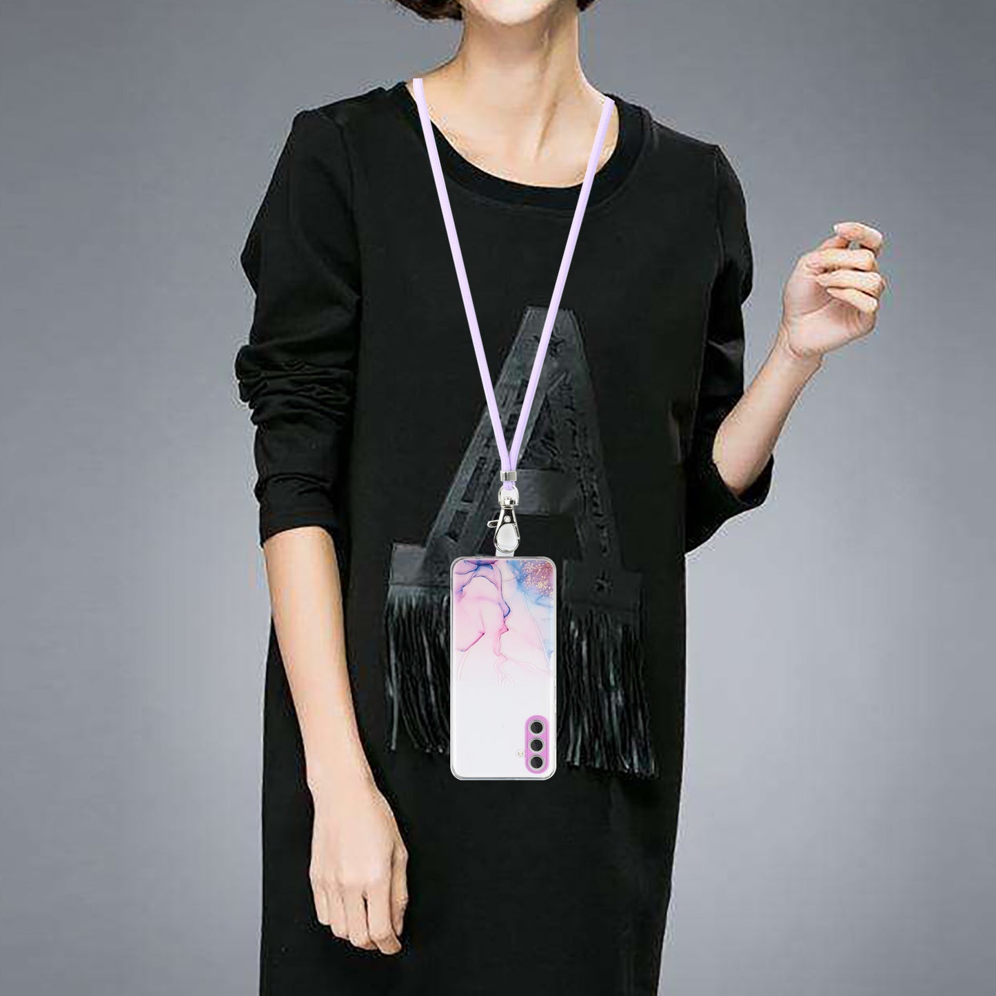 For Samsung Galaxy S24+ Case Marble Pattern Embossing Smartphone Cover with Lanyard - Pink