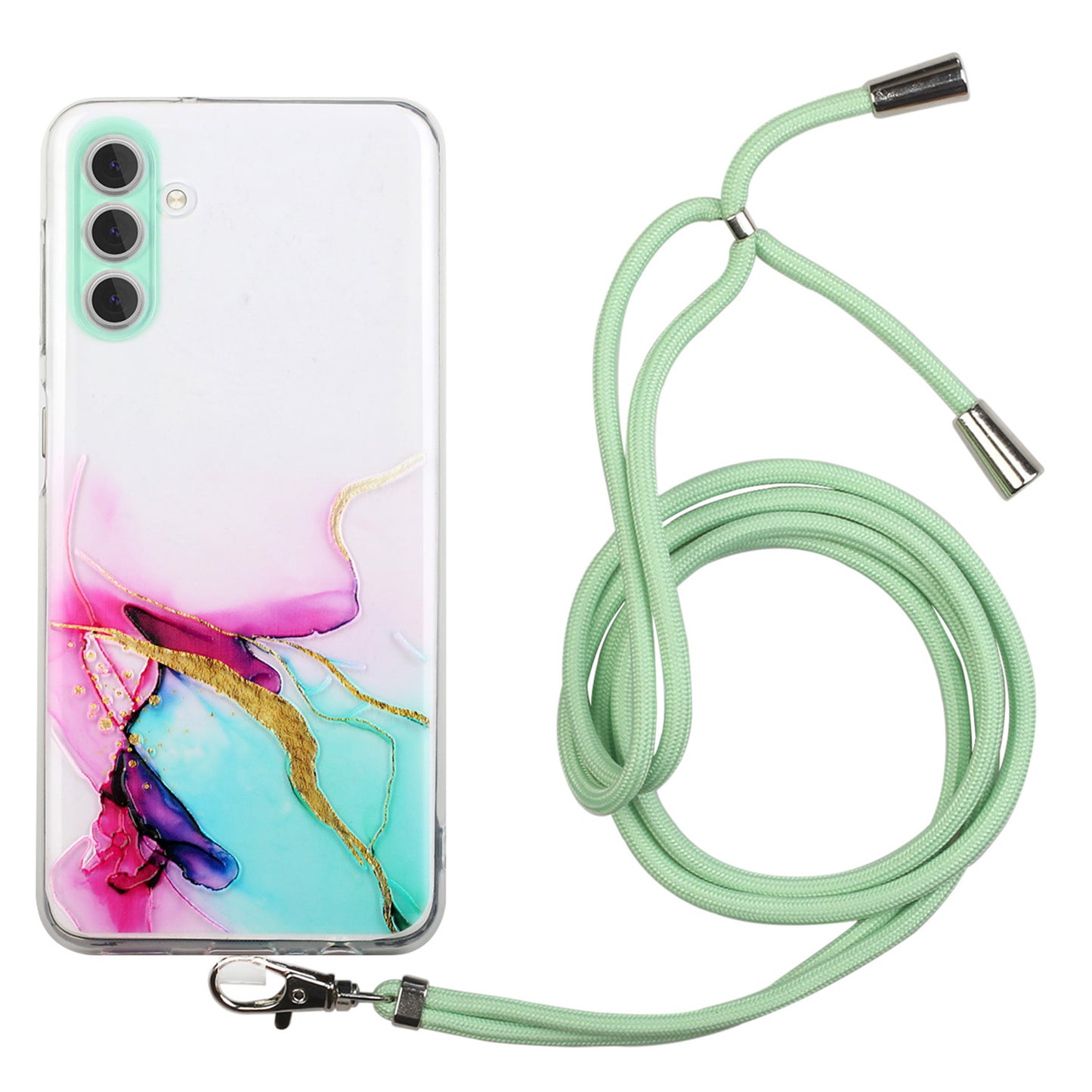 For Samsung Galaxy S24+ Case Marble Pattern Embossing Smartphone Cover with Lanyard - Green