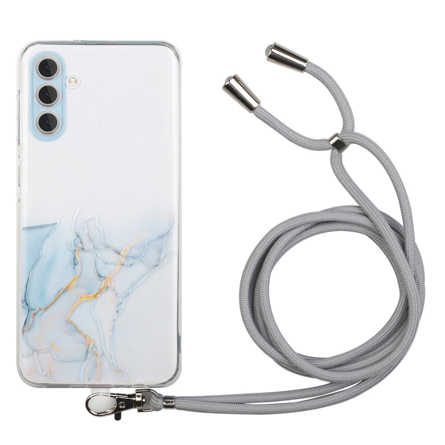 For Samsung Galaxy S24+ Case Marble Pattern Embossing Smartphone Cover with Lanyard - Grey