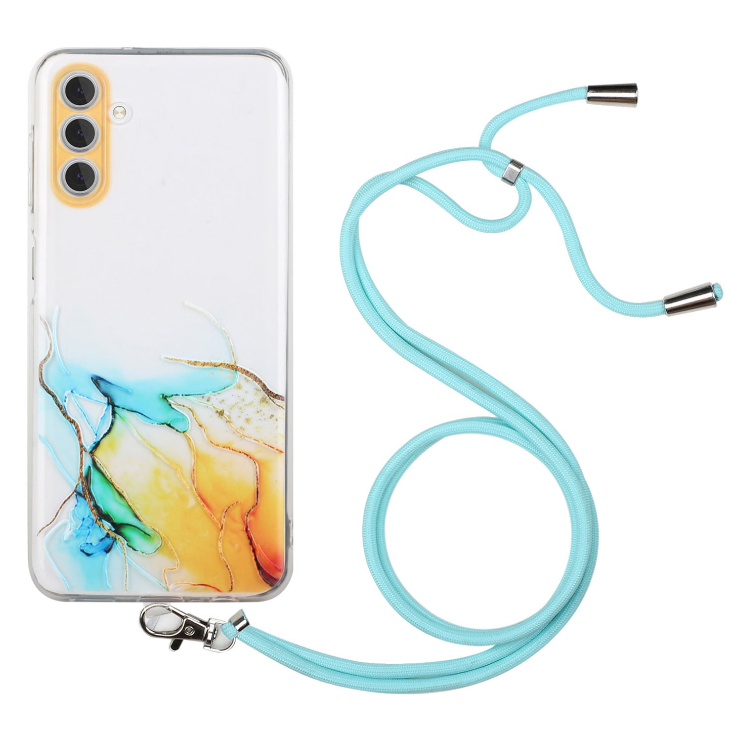 For Samsung Galaxy S24+ Case Marble Pattern Embossing Smartphone Cover with Lanyard - Yellow