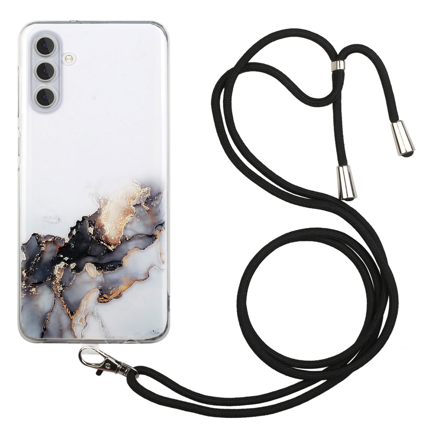 For Samsung Galaxy S24+ Case Marble Pattern Embossing Smartphone Cover with Lanyard - Black
