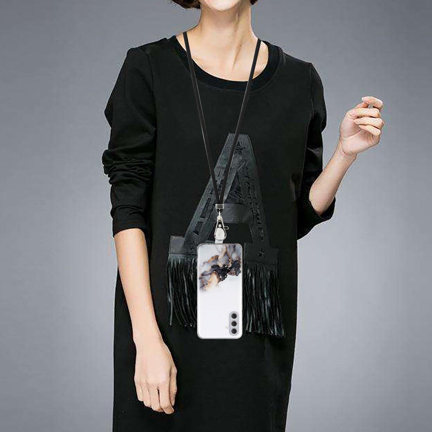 For Samsung Galaxy S24+ Case Marble Pattern Embossing Smartphone Cover with Lanyard - Black