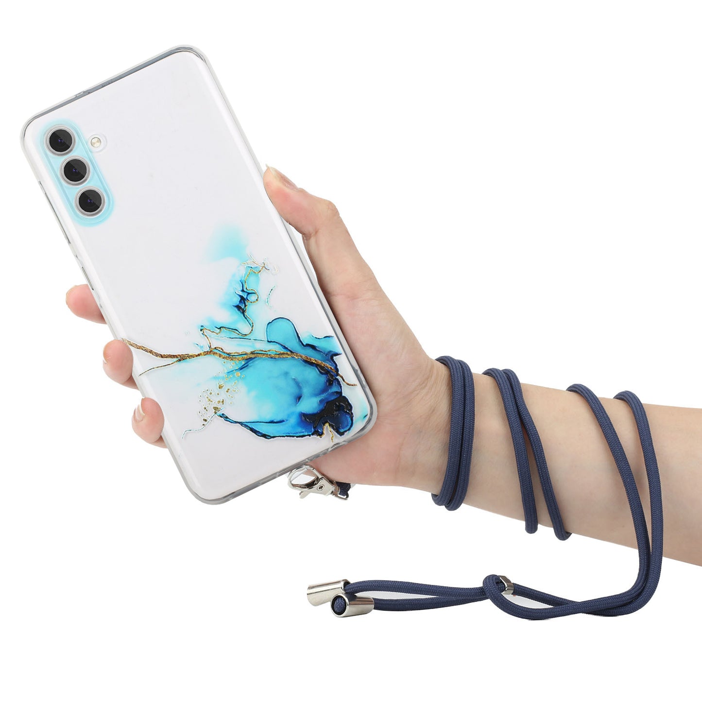 For Samsung Galaxy S24+ Case Marble Pattern Embossing Smartphone Cover with Lanyard - Blue