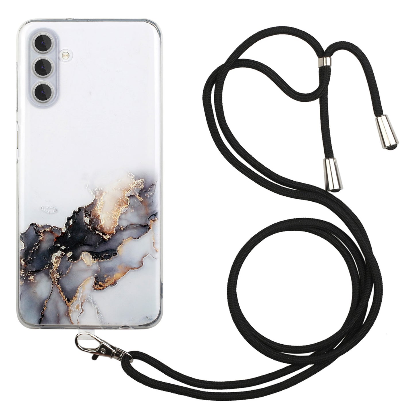 For Samsung Galaxy S24 Case Marble Pattern Embossing TPU Back Cover with Lanyard - Black