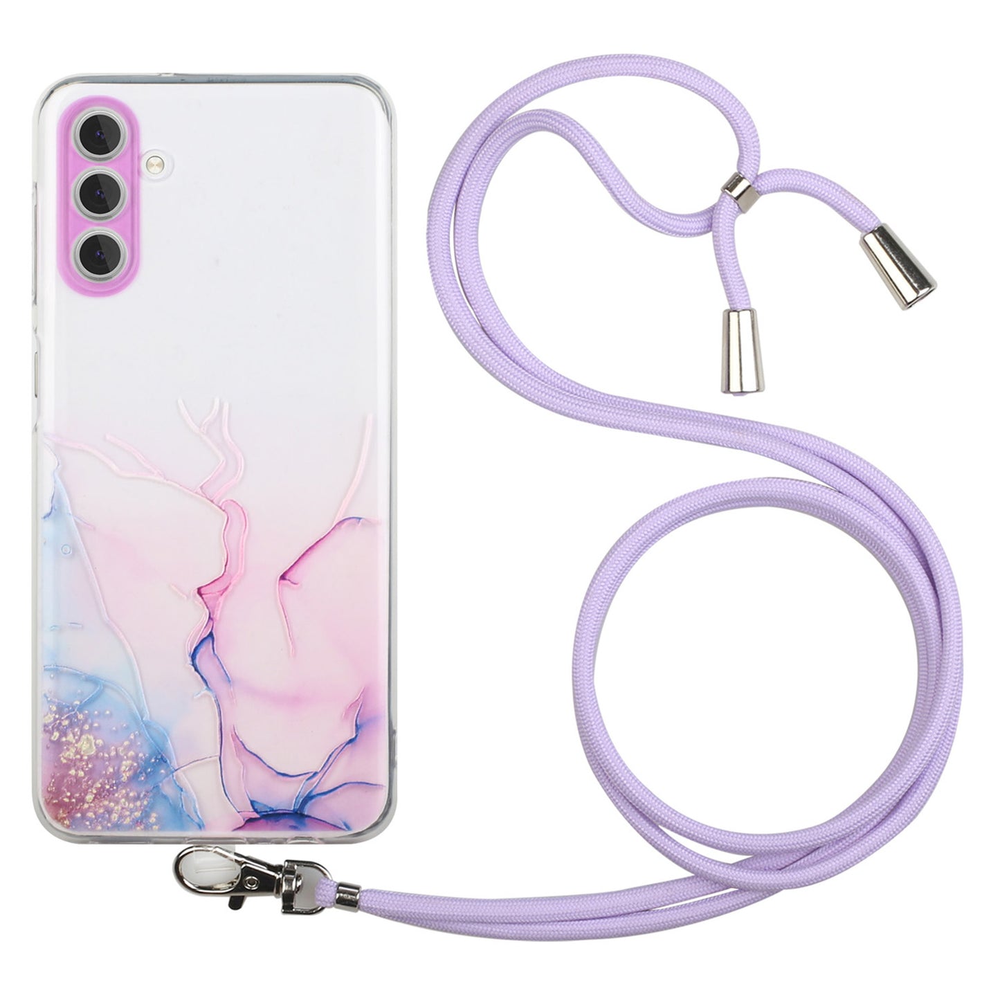 For Samsung Galaxy S24 Case Marble Pattern Embossing TPU Back Cover with Lanyard - Pink