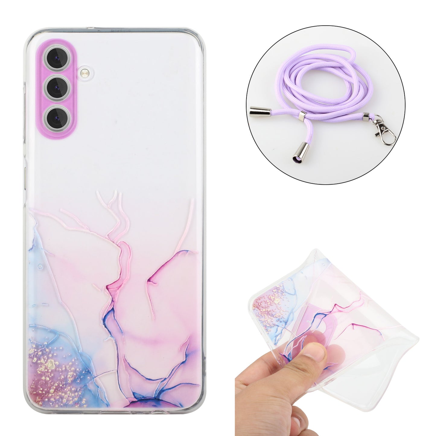 For Samsung Galaxy S24 Case Marble Pattern Embossing TPU Back Cover with Lanyard - Pink