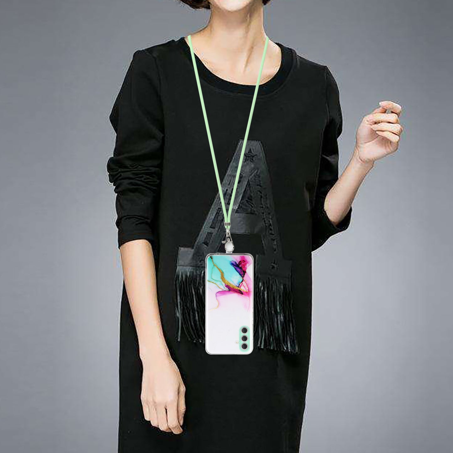 For Samsung Galaxy S24 Case Marble Pattern Embossing TPU Back Cover with Lanyard - Green