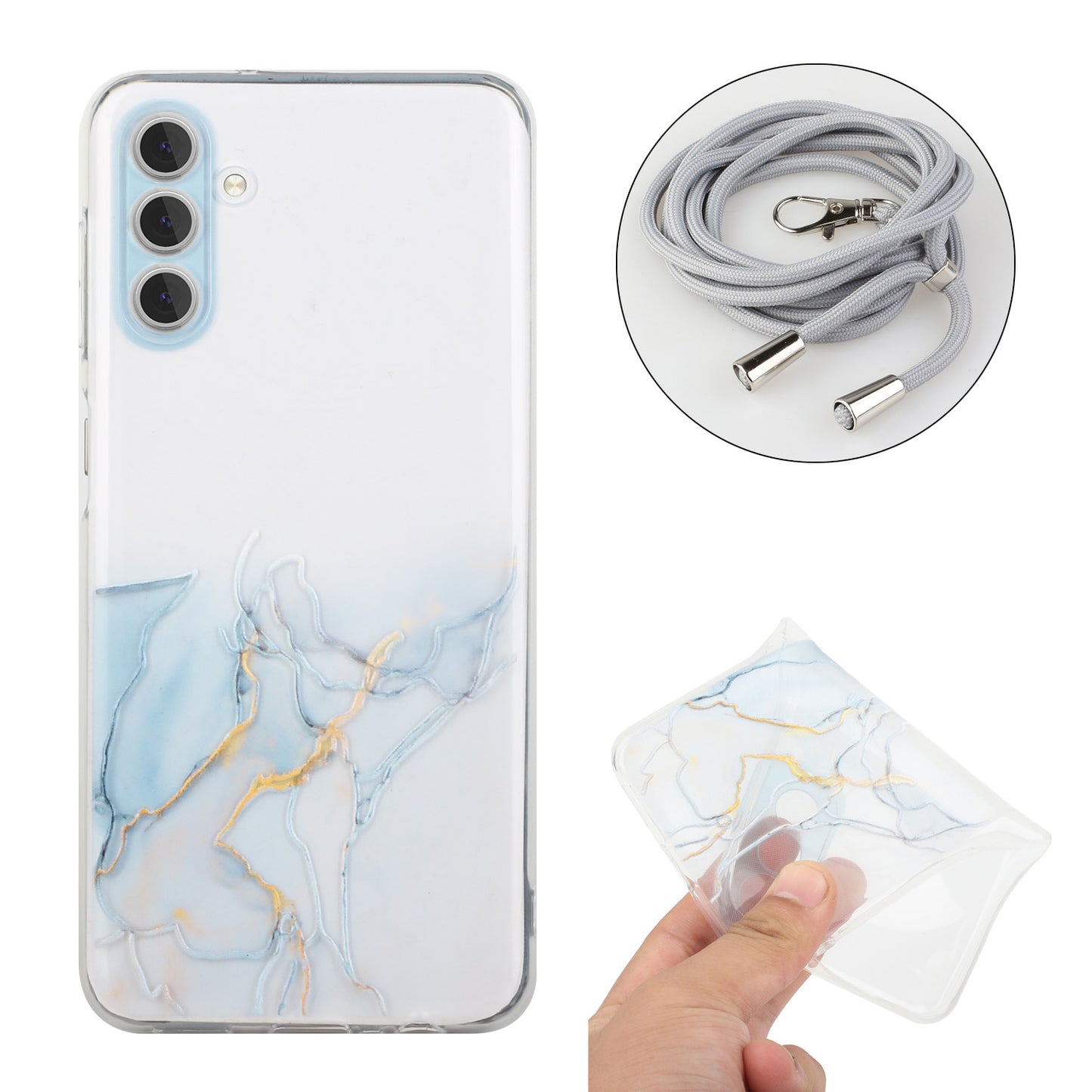For Samsung Galaxy S24 Case Marble Pattern Embossing TPU Back Cover with Lanyard - Grey